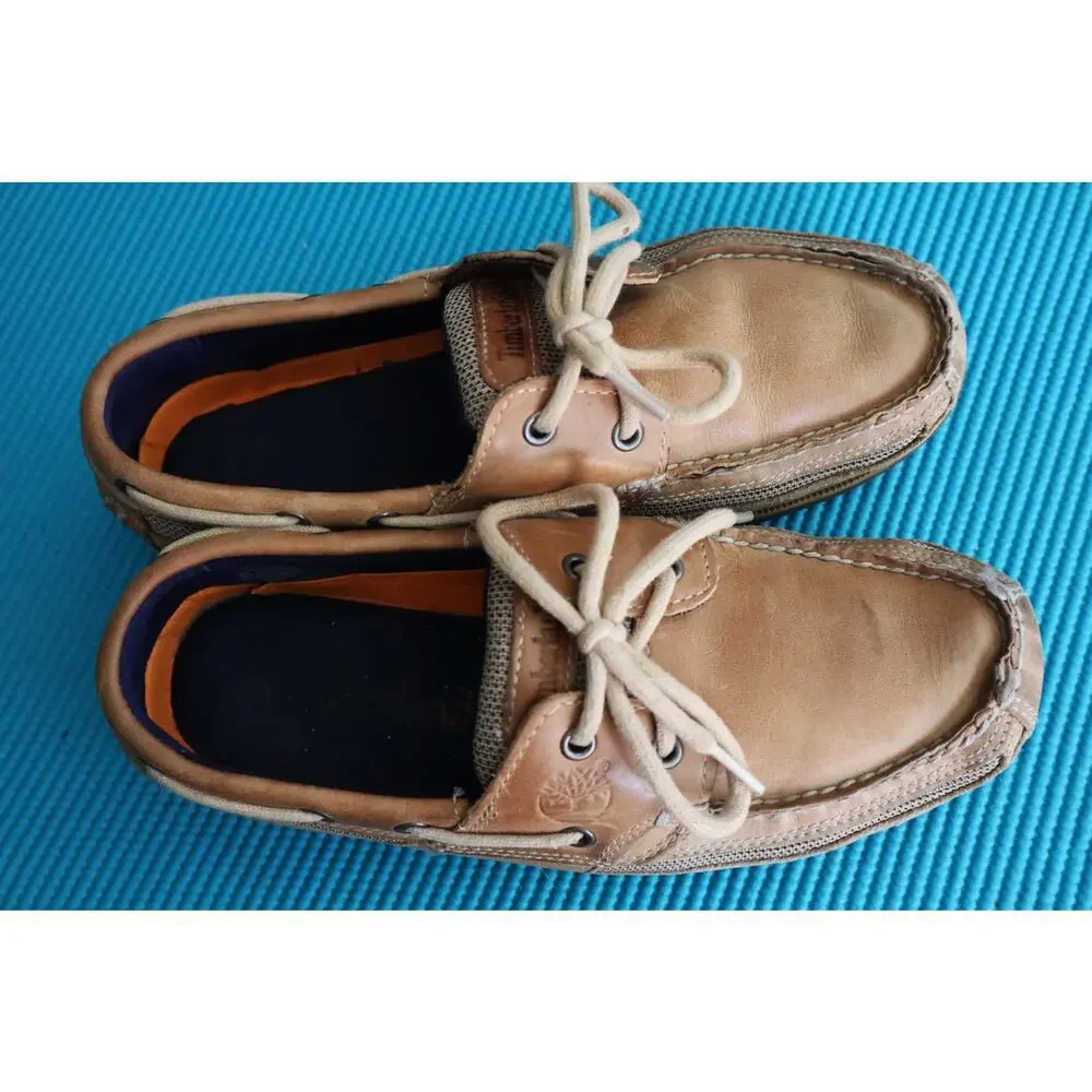 Vintage Timberland Tan Leather Boat Loafers Shoes 2 Eye Slip on Mens 8 Casual